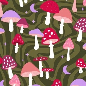 Magical forest psychedelic magic mushrooms moon and stars autumn garden retro style toadstool design nineties neon lilac red blush pink on olive green swirls 