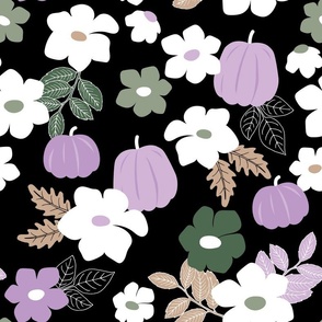 Large scale pumpkins and leaves autumn flowers lilac green white on black halloween design