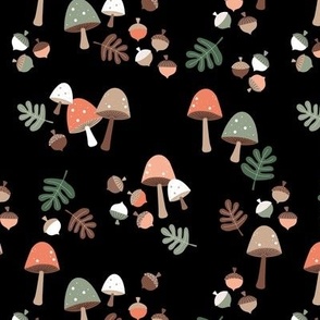 Autumn mushrooms and oak leaves - Scandinavian style boho forest design green orange beige on black