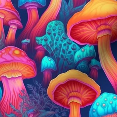 MUSHROOM Fabric Pattern, Neon Bright Colors, Fungi Bright Colorful