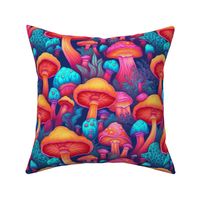 MUSHROOM Fabric Pattern, Neon Bright Colors, Fungi Bright Colorful