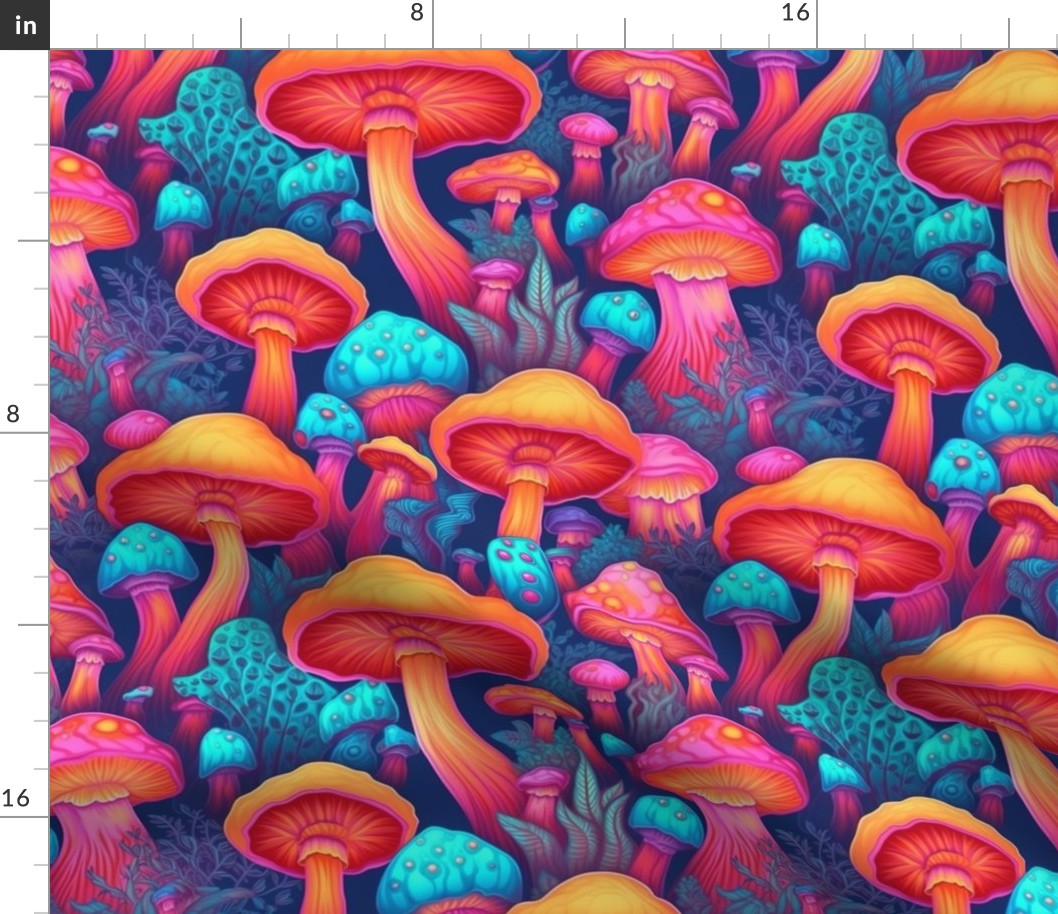 MUSHROOM Fabric Pattern, Neon Bright Colors, Fungi Bright Colorful