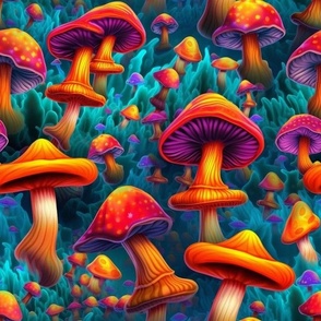 MUSHROOM Fabric Pattern, Neon Bright Colors, Fungi Colorful