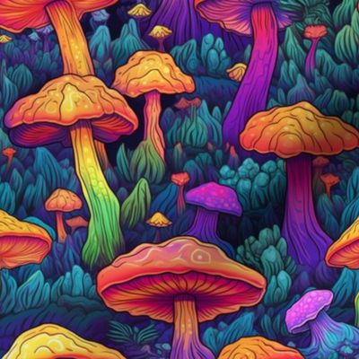 MUSHROOM Fabric Pattern, Neon Bright Colors, Fungi Forest Bright Colorful