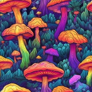 MUSHROOM Fabric Pattern, Neon Bright Colors, Fungi Forest Bright Colorful