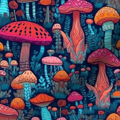 MUSHROOM Fabric Pattern, Neon Bright Colors, Fungi Forest Pattern Bright Colorful