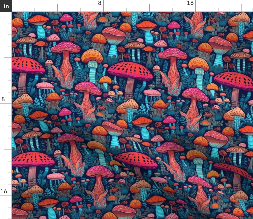 MUSHROOM Fabric Pattern, Neon Bright Colors, Fungi Forest Pattern Bright Colorful