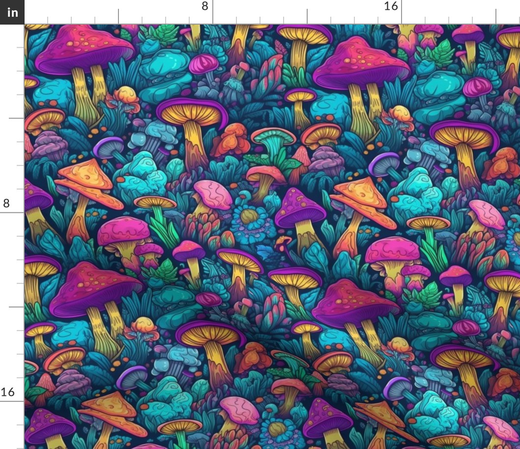 MUSHROOM Fabric Pattern, Neon Bright Colors, Fungi Forest Pattern Bright Colorful