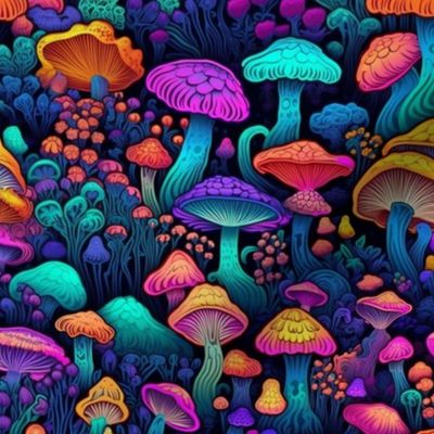 MUSHROOM Fabric Pattern, Neon Bright Colors, Fungi Forest Pattern Bright Colorful