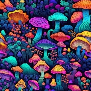 MUSHROOM Fabric Pattern, Neon Bright Colors, Fungi Forest Pattern Bright Colorful