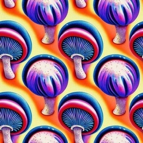 MUSHROOM Fabric Pattern, Neon Bright Colors, Fungi Forest Pattern Bright Colorful on White Background
