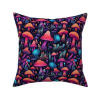 MUSHROOM Fabric Pattern, Neon Bright Colors, Fungi Forest Pattern Bright Colorful on Black Background