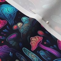 MUSHROOM Fabric Pattern, Neon Bright Colors, Fungi Forest Pattern Bright Colorful on Black Background