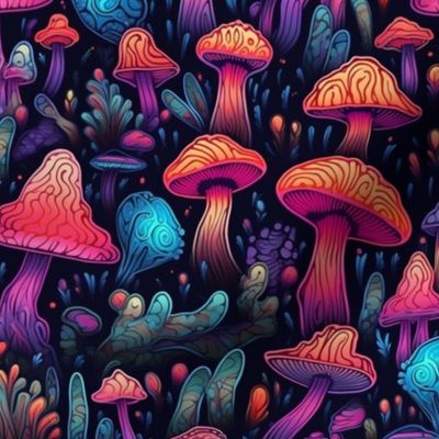 MUSHROOM Fabric Pattern, Neon Bright Colors, Fungi Forest Pattern Bright Colorful on Black Background