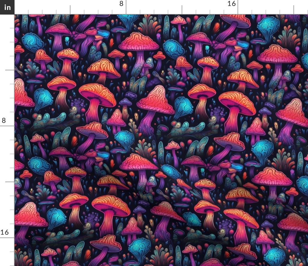 MUSHROOM Fabric Pattern, Neon Bright Colors, Fungi Forest Pattern Bright Colorful on Black Background