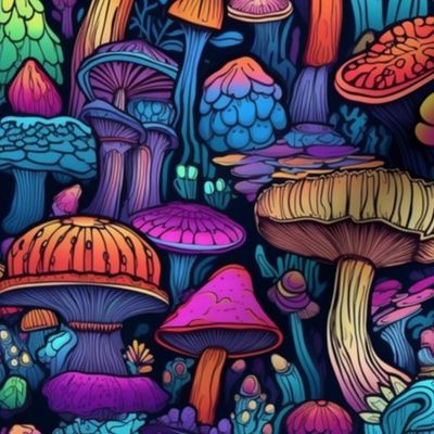 MUSHROOM Fabric Pattern, Neon Bright Colors, Fungi Forest Pattern Bright Colorful on Dark Background