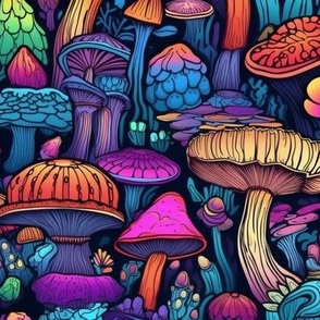 MUSHROOM Fabric Pattern, Neon Bright Colors, Fungi Forest Pattern Bright Colorful on Dark Background