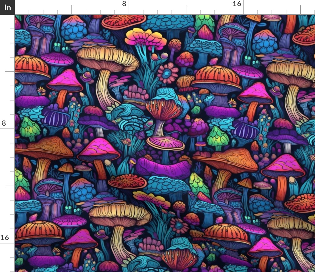 MUSHROOM Fabric Pattern, Neon Bright Colors, Fungi Forest Pattern Bright Colorful on Dark Background