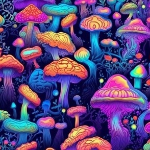 MUSHROOM Fabric Pattern, Neon Bright Colors, Fungi Forest Pattern Bright Colorful on Dark Background, Hippie LSD