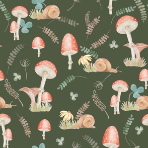 mushrooms and snail-green background