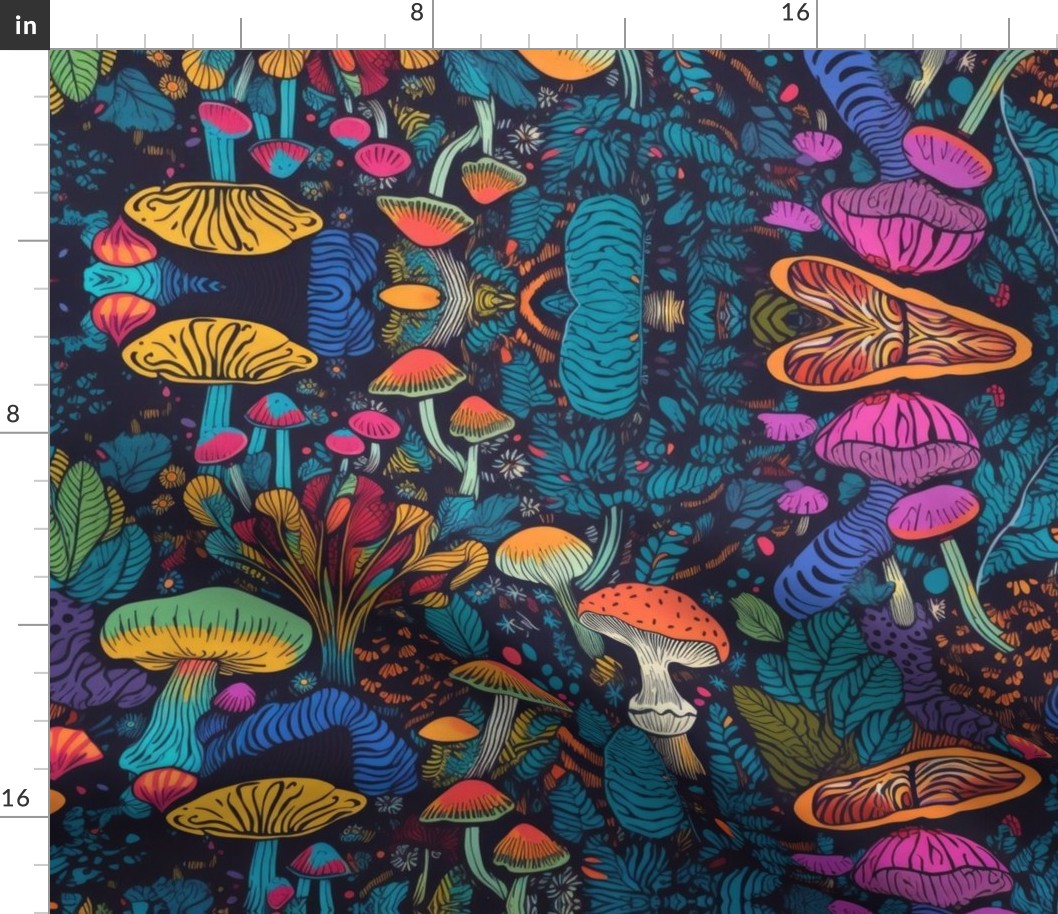 MUSHROOM Fabric Pattern, Neon Bright Colors, Fungi Forest Pattern Bright Colorful on Dark Background, Hippie LSD, Trippy Pattern