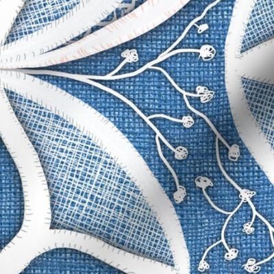 hand drawn trompe L’oeil cutwork lace embroidery effect over cornflower blue monochrome burlap texture large 24” non directional  repeat