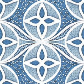 hand drawn trompe L’oeil cutwork lace embroidery effect over cornflower blue monochrome burlap texture large 24” non directional  repeat