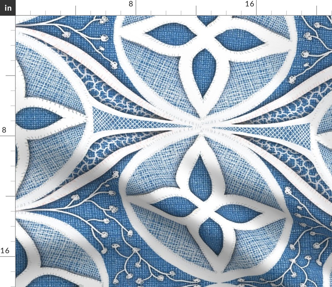 hand drawn trompe L’oeil cutwork lace embroidery effect over cornflower blue monochrome burlap texture large 24” non directional  repeat
