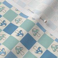 2/3" SMALL Mushroom Checkerboard fabric - retro mushrooms fabric blue 6in