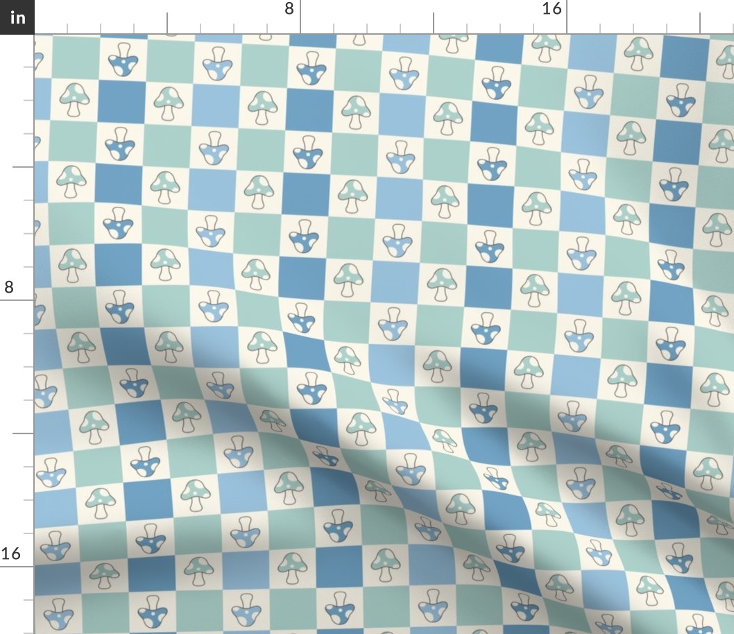 1 1/3" LARGE Mushroom Checkerboard fabric - retro mushrooms fabric blue 10in