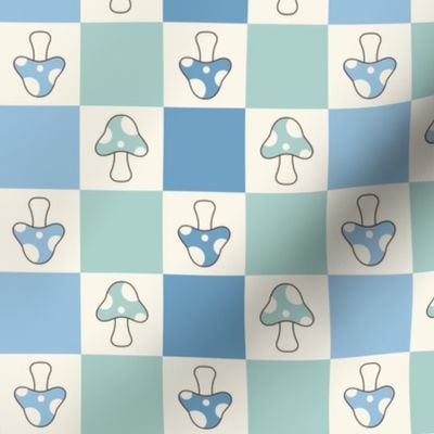 1 1/2" XLARGE Mushroom Checkerboard fabric - retro mushrooms fabric blue 12in