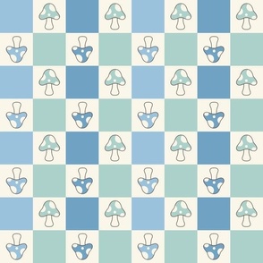 1 1/2" XLARGE Mushroom Checkerboard fabric - retro mushrooms fabric blue 12in