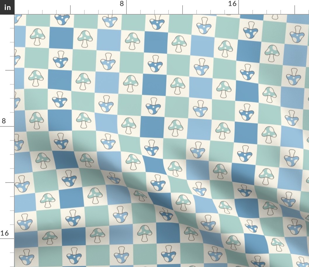 1 1/2" XLARGE Mushroom Checkerboard fabric - retro mushrooms fabric blue 12in