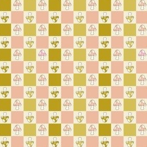 1/2" MINI Mushroom Checkerboard fabric - retro mushrooms fabric pink and green 4in