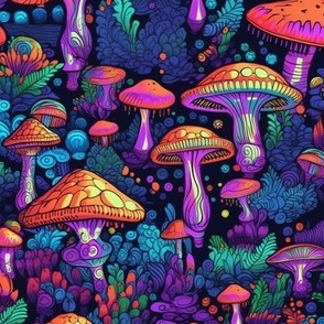 MUSHROOM Fabric Pattern, Water Color Mushrooms, Watercolor Fungi Forest Black Light Trippy Wallpaper