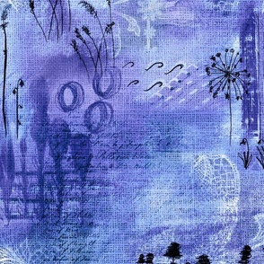 mixed media abstract with botanical, burlap texture, vintage typography and hand drawn lace 24” repeat in hues of lavender 
