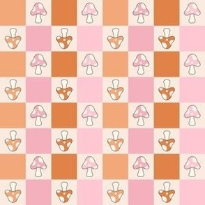 2/3" SMALL Mushroom Checkerboard fabric - retro mushrooms fabric pink orange red 6in