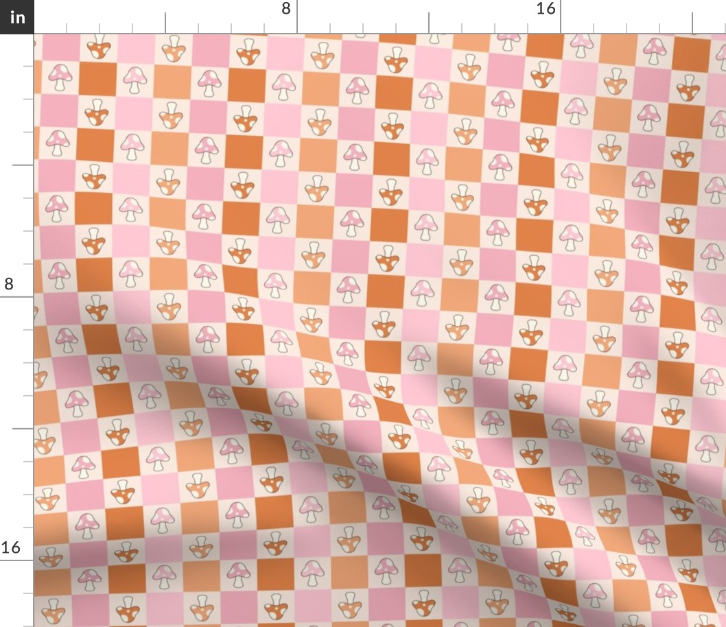 1" MEDIUM Mushroom Checkerboard fabric - retro mushrooms fabric pink orange red 8in