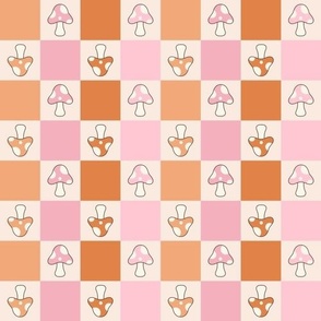 1 1/3" LARGE Mushroom Checkerboard fabric - retro mushrooms fabric pink orange red 10in