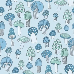 MEDIUM Retro Mushroom fabric - seventies trippy retro shrooms blue 8in