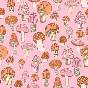 MEDIUM Retro Mushroom fabric - seventies trippy retro shrooms pink red 8in