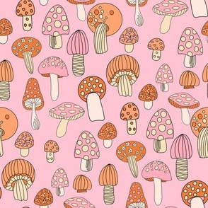 LARGE Retro Mushroom fabric - seventies trippy retro shrooms pink red 10in