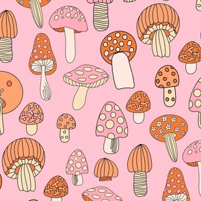 JUMBO Retro Mushroom fabric - seventies trippy retro shrooms pink red