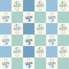 3" JUMBO Mushroom Checkerboard fabric - retro mushrooms fabric blue