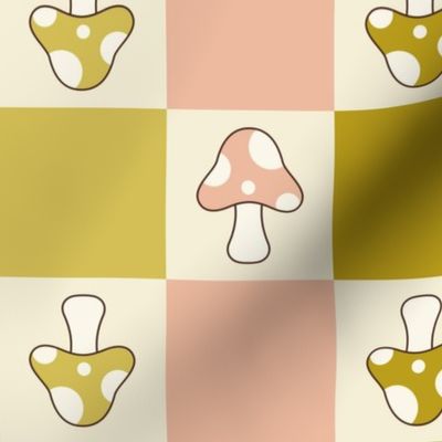3" JUMBO Mushroom Checkerboard fabric - retro mushrooms fabric pink and green