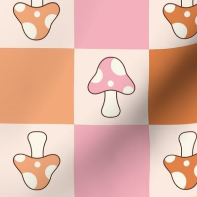 3" JUMBO Mushroom Checkerboard fabric - retro mushrooms fabric pink orange red