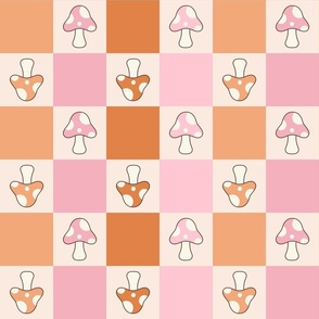 3" JUMBO Mushroom Checkerboard fabric - retro mushrooms fabric pink orange red