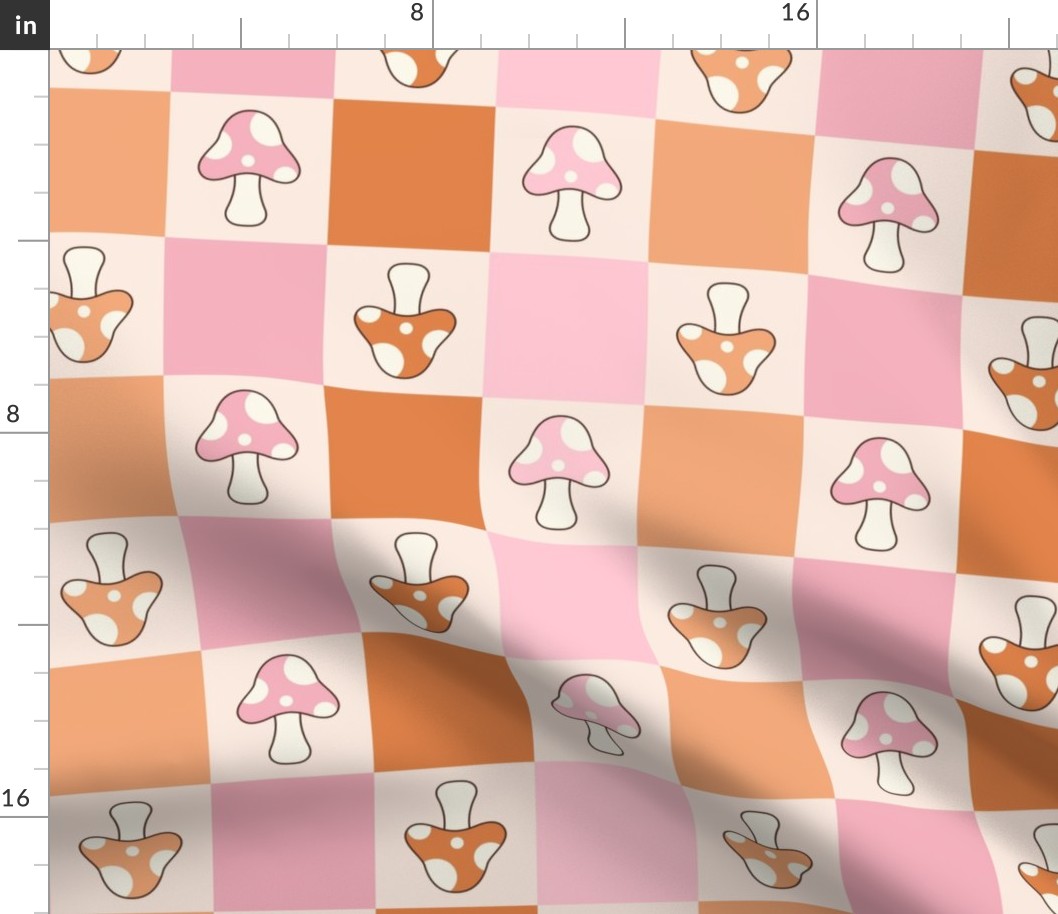 3" JUMBO Mushroom Checkerboard fabric - retro mushrooms fabric pink orange red