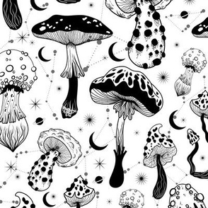 MUSHROOM Fabric Pattern, Black and White Mushrooms Pattern, on White Fairy Wonderland