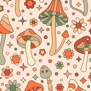 MUSHROOM Fabric Pattern, Cute Mushrooms Pattern, Wonderland Woodland Hippie Trippy 60s, 70s, 80s